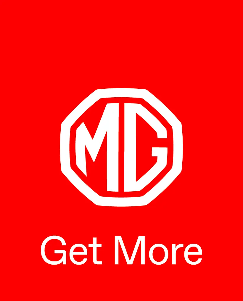 MG Logo showing the letters MG  in white and in MG's Font on a red brackgroup with "Get More" below.