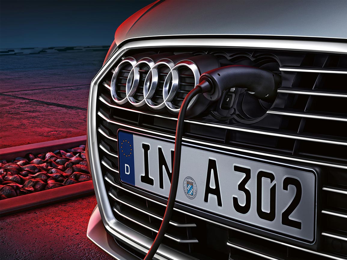 The Audi A3 e-tron's plug-in socket is accessed by sliding the four rings badge to one side