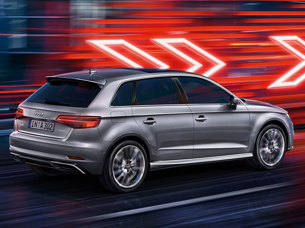 A silver Audi A3 e-tron, rear view 