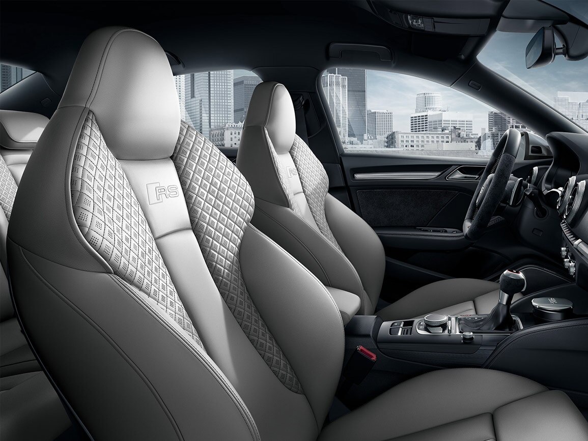 The Audi RS 3 Saloon's interior, in white leather