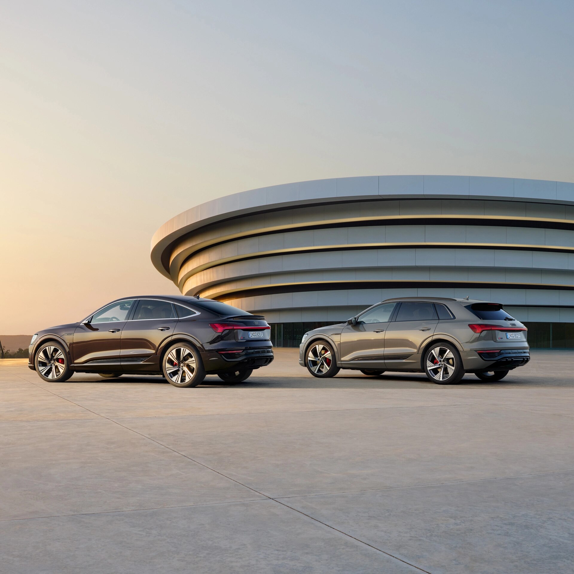 Audi Q8 e-tron Sportback and Audi Q8 e-tron models parked in front of a building