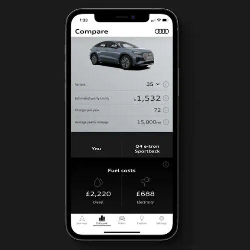 iPhone displaying the Audi EV&me app, showing the financial costs and savings available with an Audi Q4 e-tron Sportback.