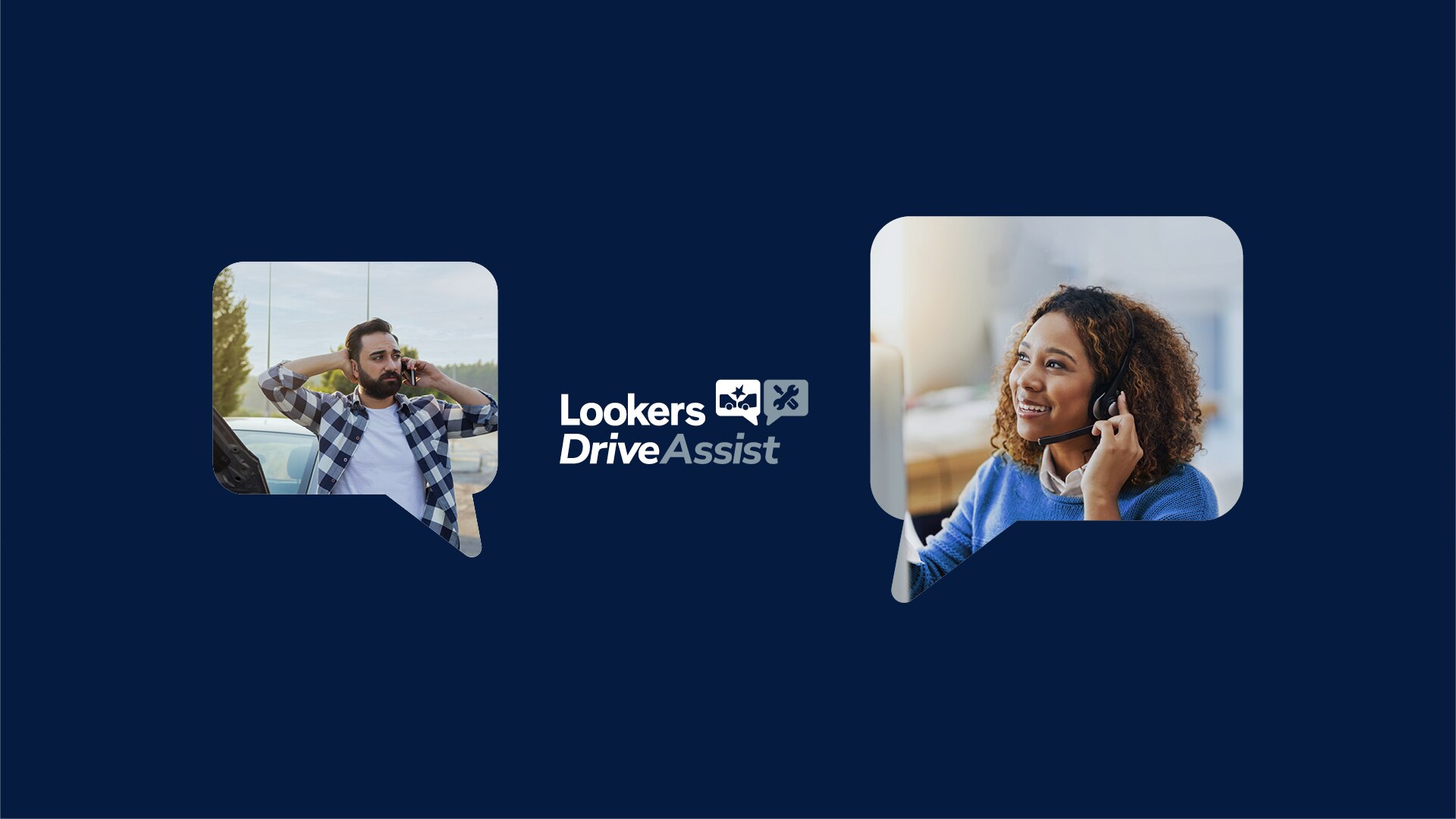 Lookers Drive Assist Header Image - featuring a man on the phone after he's been in a car accident and a woman in a call center answering his call