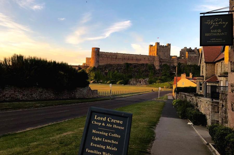 Outside the Lord Crewe in Bamburgh at sunset