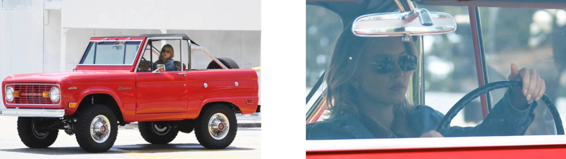 Sydney Sweeney in a vintage red Ford Pick up Truck