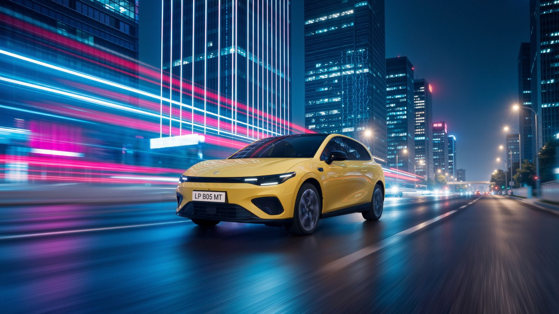 Yellow Leapmotor B05 driving at night