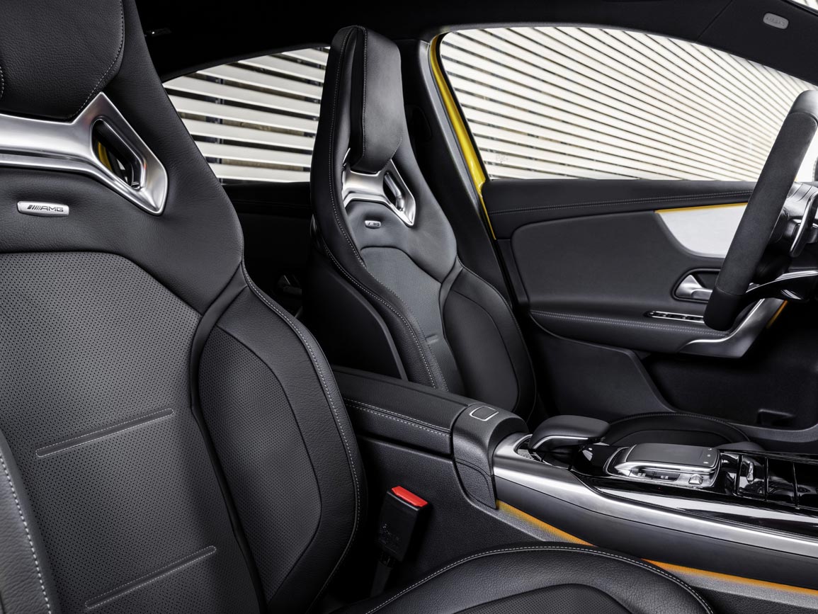 The Mercedes-AMG A 35's leather sports seats, bearing the AMG badge