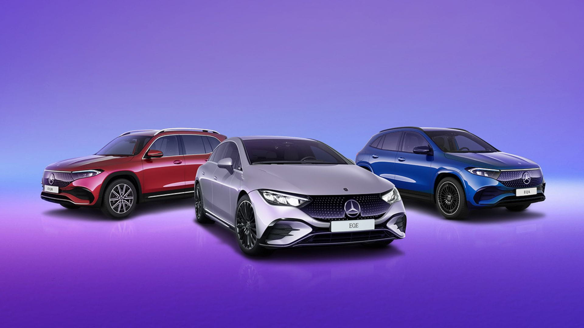 Three Mercedes Benz cars forward facing on purple background